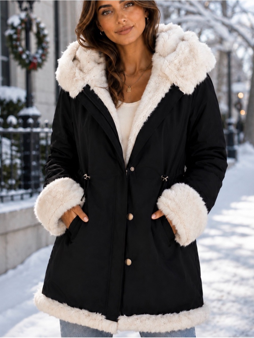 Donna Salyers Fabulous Furs Black Parka with Cream Faux Fur Trim